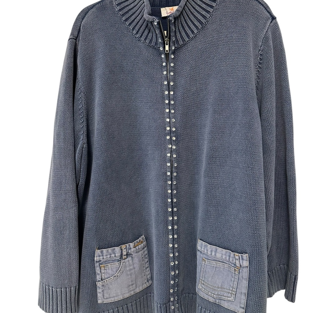 QUACKER FACTORY Blue Zip Cardigan Sweater Rhinestone Zipper Denim Pockets 3X